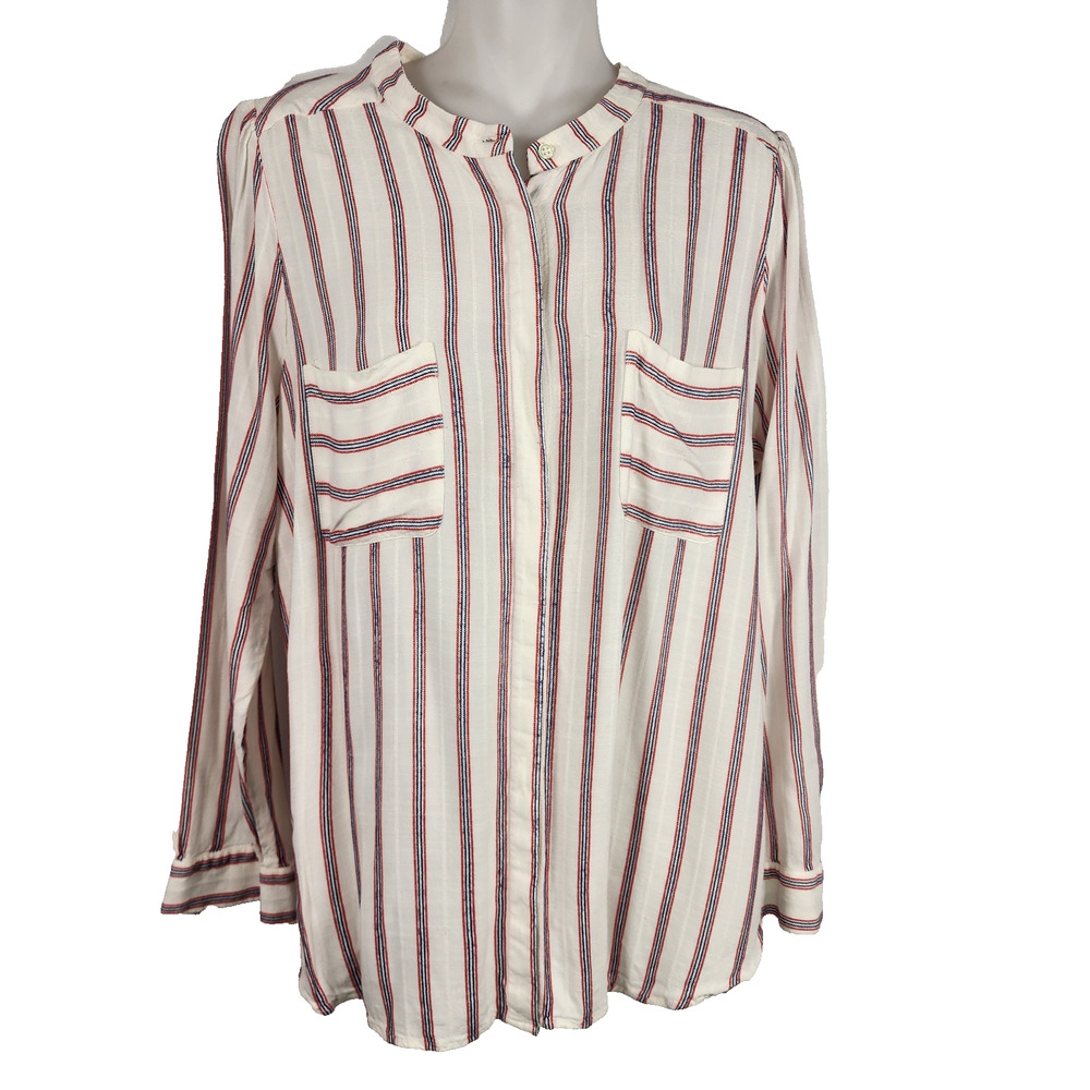 LOFT Womens Hidden Button Up Striped Shirt Large Long Sleeve Lightweight Pockets